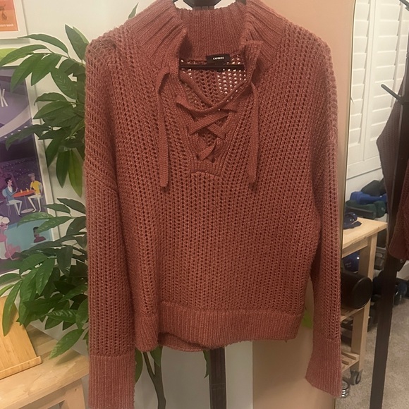 Express Sweaters - Express Lace-Up Open Knit Sweater in Rose